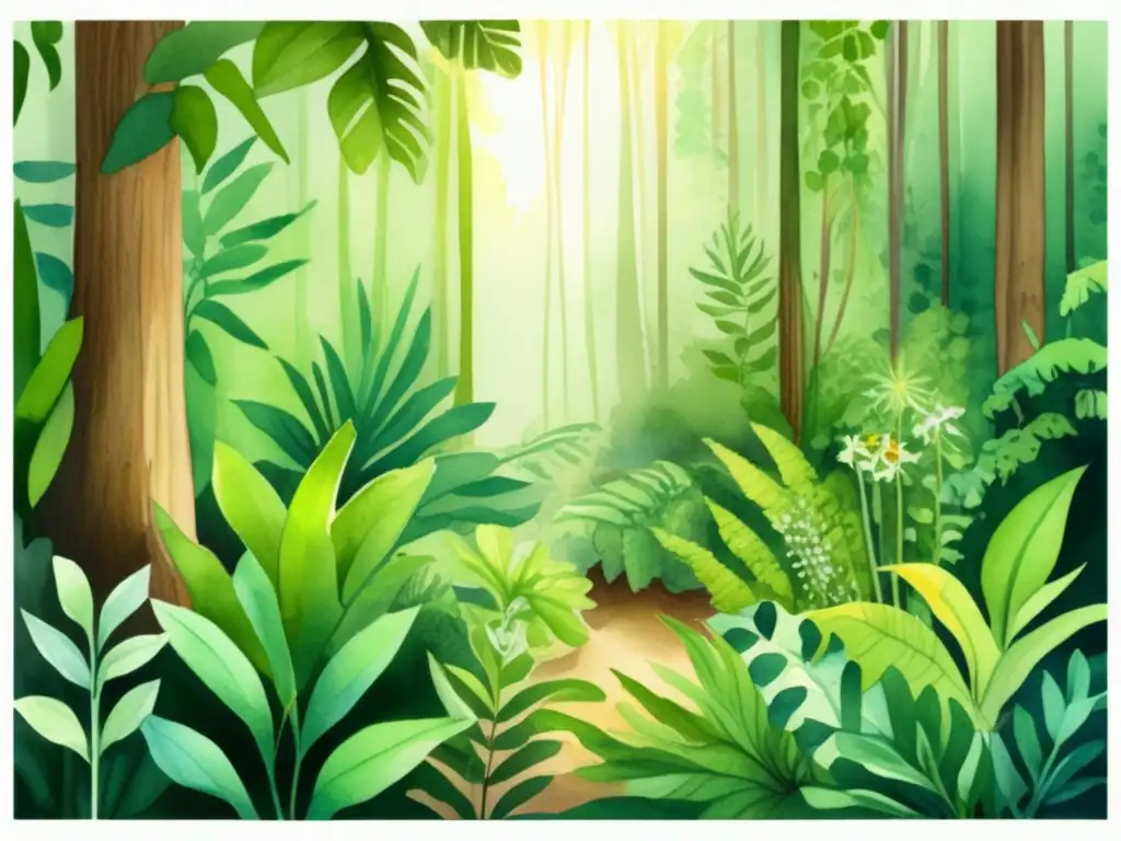 Ilustración acuarela de un frondoso bosque verde con diversidad de plantas