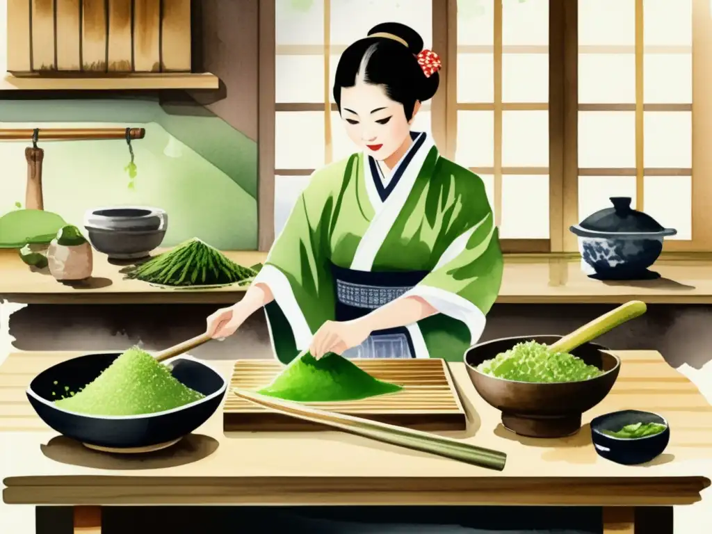 Ilustración detallada de cocina japonesa tradicional con preparación de wasabi