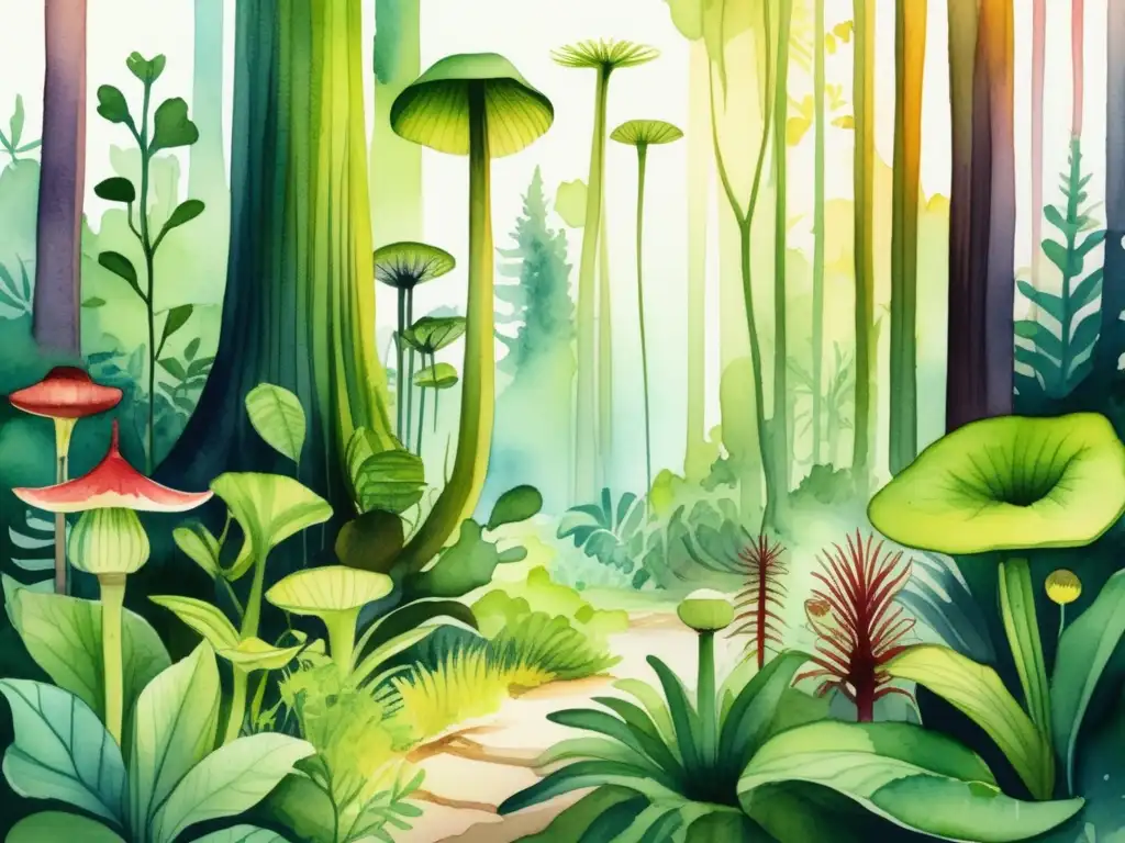 Ilustración acuarela de bosque exuberante con plantas carnívoras: fotosíntesis y respiración