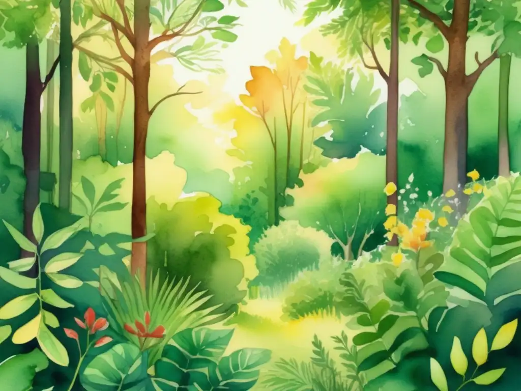 Ilustración acuarela de un frondoso bosque verde con plantas y árboles