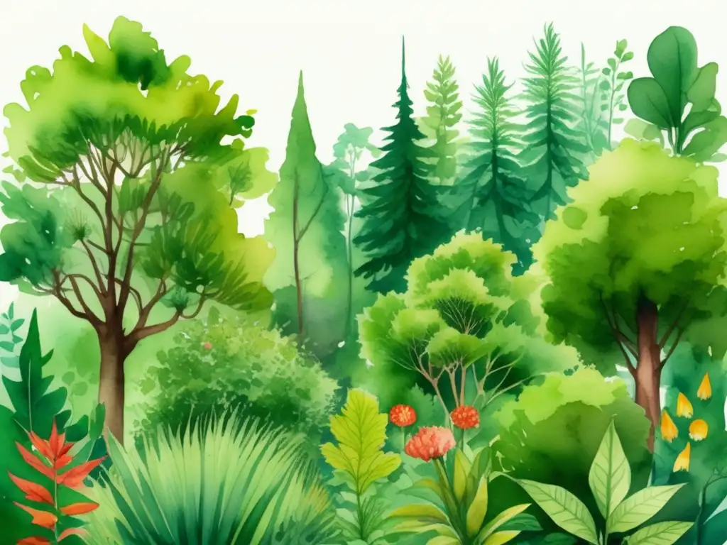 Ilustración detallada de un frondoso bosque verde con diversas plantas