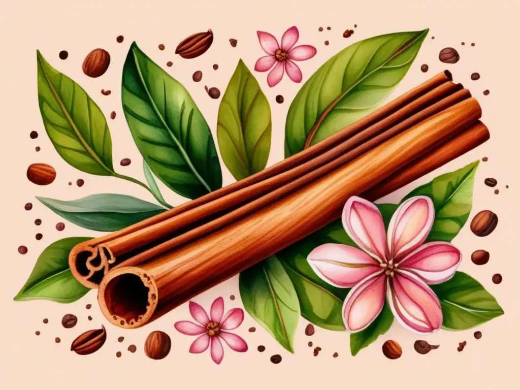 Ilustración acuarela de canela con hojas verdes y flores rosas