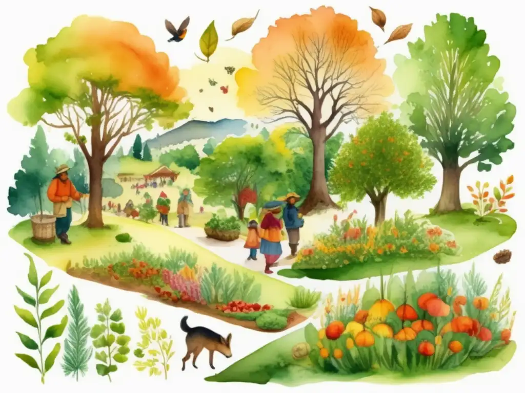 Técnicas estudio fenológico plantas en ilustración acuarela detallada de paisaje verde con flores, árboles y hojas en distintas etapas estacionales