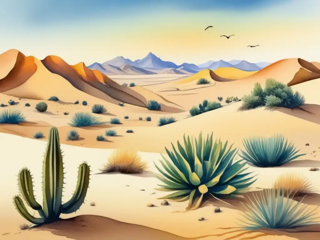 Ilustración acuarela de plantas únicas del desierto Gobi, con variedad de formas y tamaños