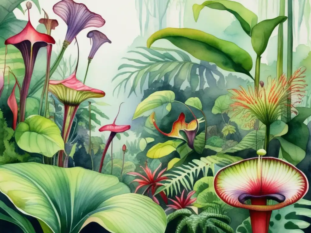 Ilustración acuarela de selva tropical con plantas carnívoras - Adaptaciones de plantas carnívoras