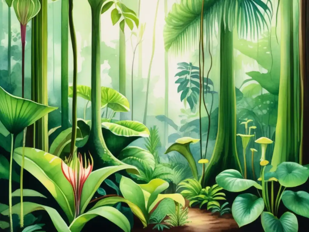 Exquisita ilustración acuarela de selva tropical Ilustración acuarela de un exuberante bosque tropical con plantas carnívoras - Ciclos de vida y reproducción de plantas carnívoras