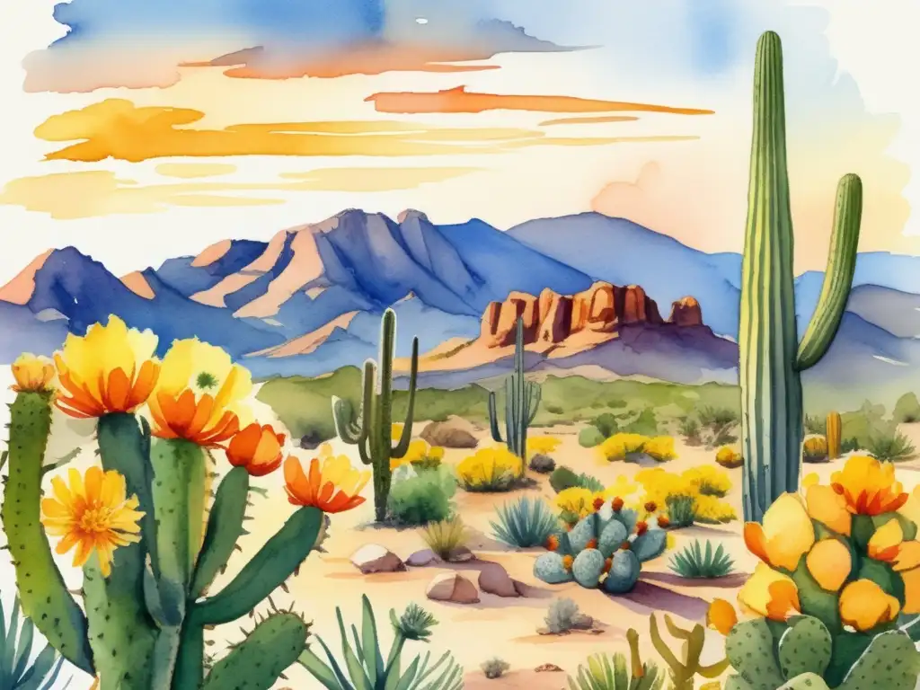 Adaptaciones de plantas desérticas: cactus saguaro, nopal, árbol de Josué, flores silvestres