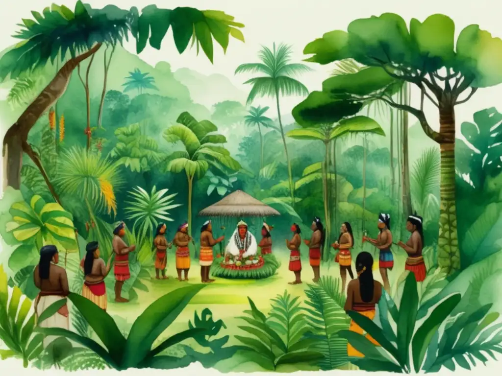 Ilustración acuarela detallada de una escena de selva tropical con tribus indígenas y plantas: Importancia histórica plantas tribus indígenas