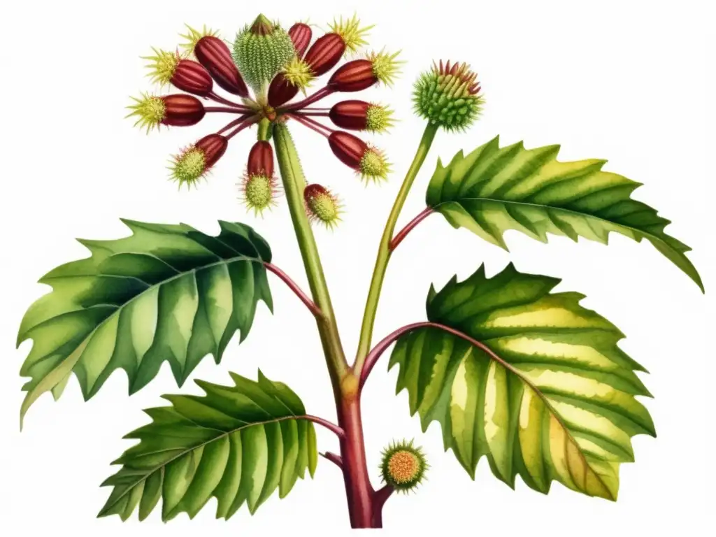 Ilustración acuarela detallada de una planta de ricinus communis, destacando sus características y hábitat