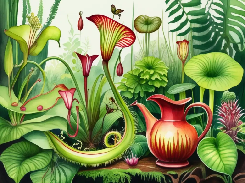 Ilustración detallada de una exuberante selva tropical con plantas carnívoras