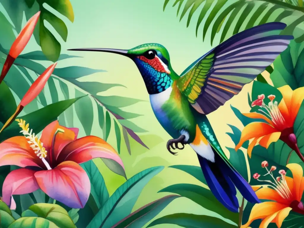 Ilustración acuarela detallada: colibrí y flores tropicales, relación encantadora