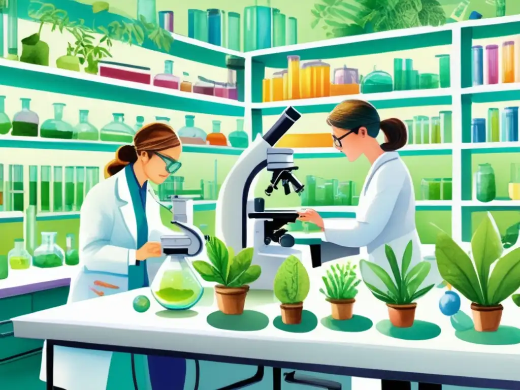 Beneficios de plantas transgénicas en medicina: laboratorio vibrante con científicos y plantas modificadas genéticamente