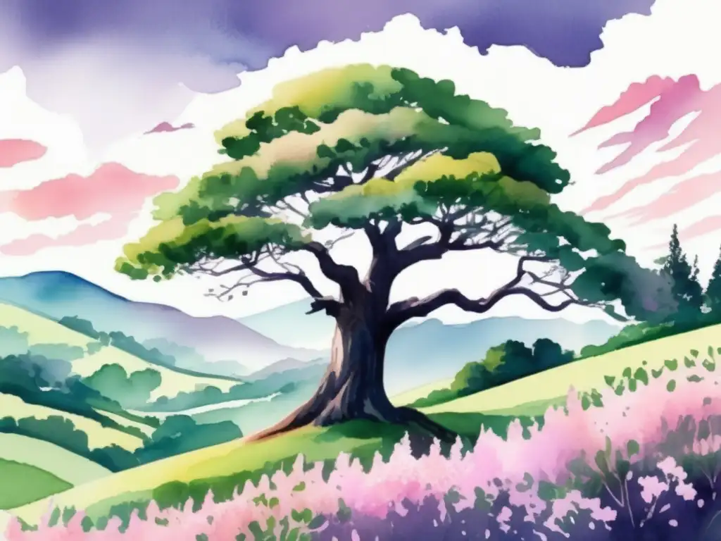 Ilustración acuarela de un majestuoso Peumo en un paisaje verde con flores rosadas y púrpuras