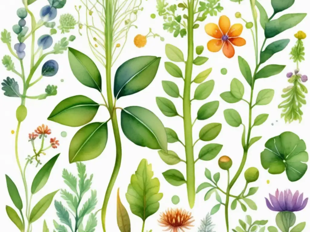 Importancia de la morfología en biología molecular con ilustración acuarela de plantas y estructuras moleculares