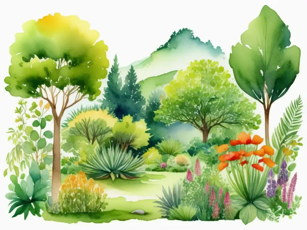 Ilustración acuarela detallada de variedad de plantas, con paisaje verde y diversidad de especies