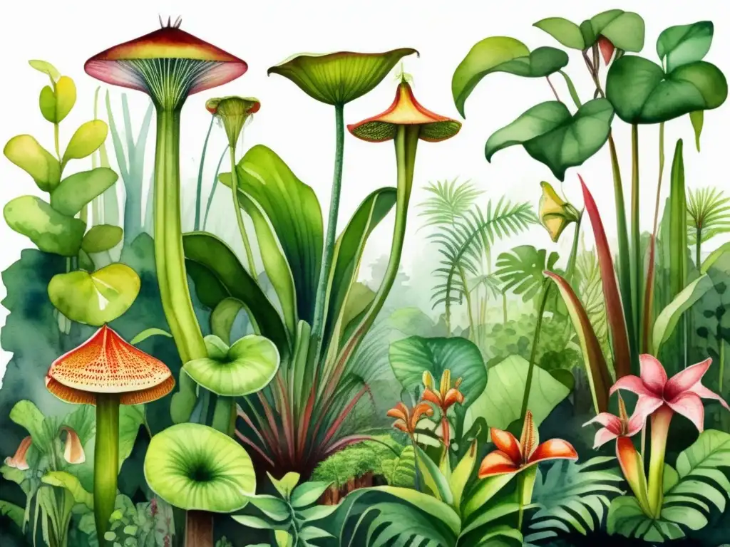 Ilustración detallada de una exuberante selva africana con plantas carnívoras - Características y usos