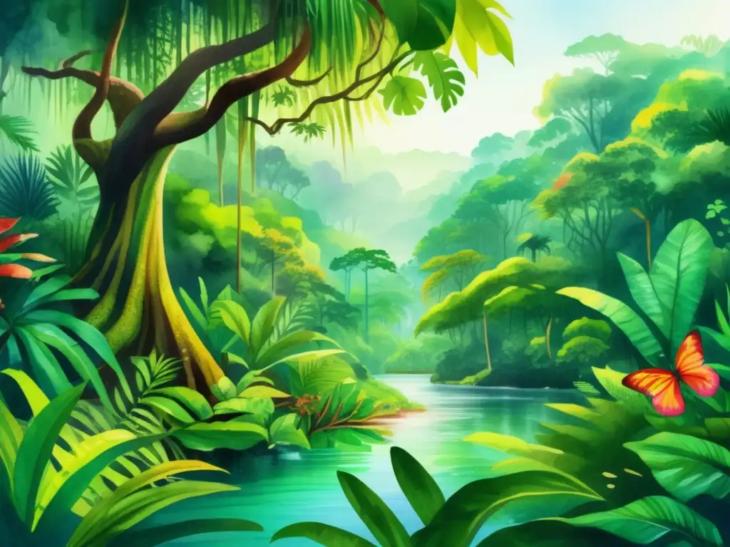 Ilustración acuarela 8K: Selva tropical con plantas exóticas, árboles altos, río serpenteante y aves coloridas