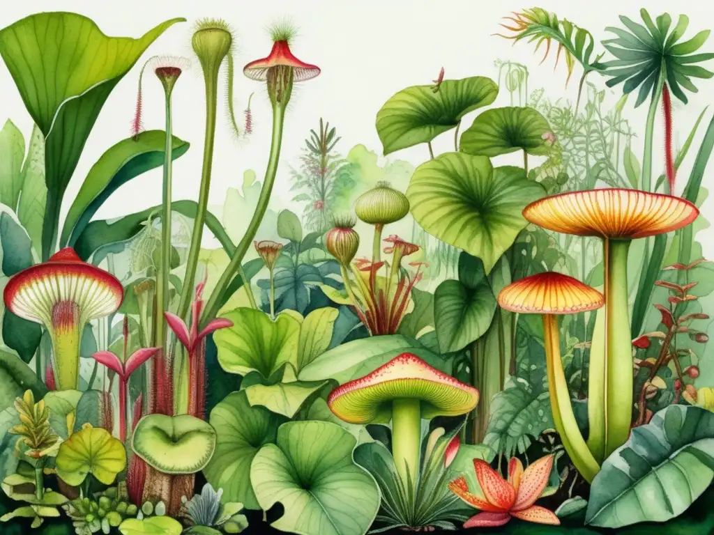 Ilustración acuarela detallada de selva tropical, con plantas carnívoras y diversa vida animal