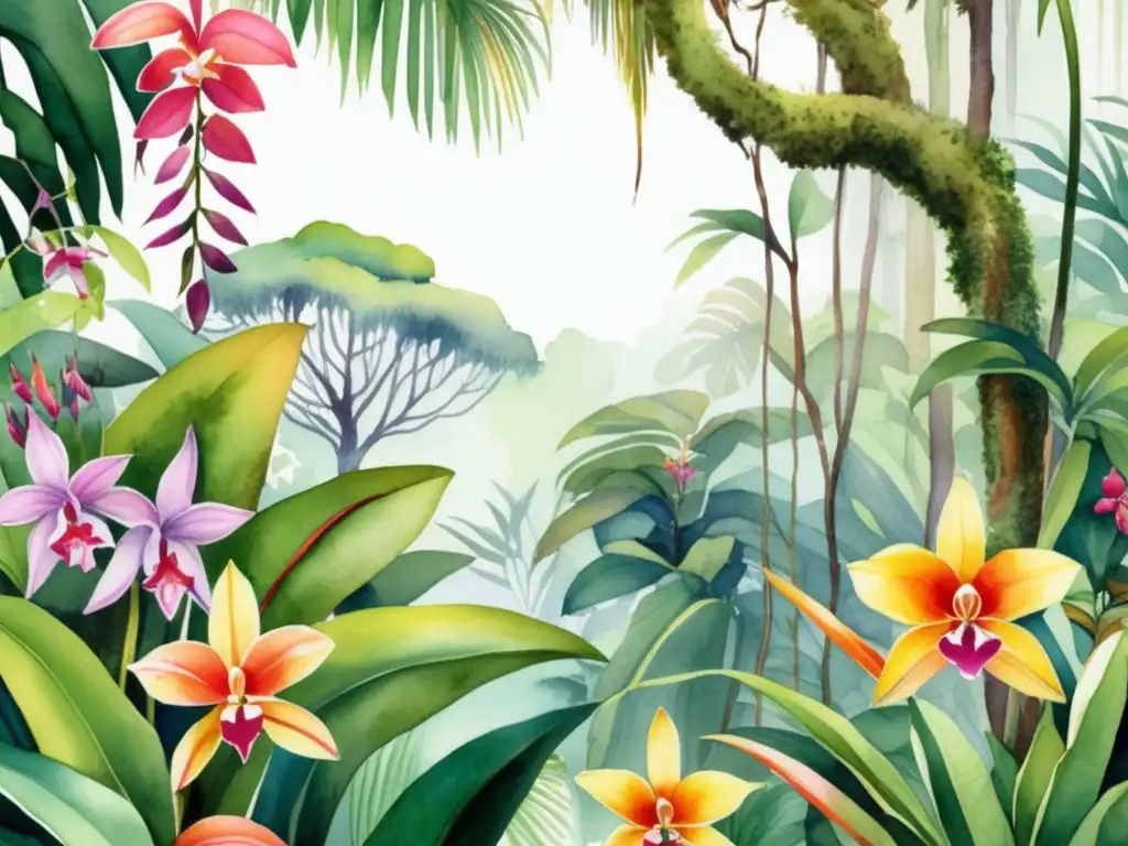 Ilustración acuarela bosque lluvioso tropical con adaptaciones de plantas: coloridas orquídeas, bromelias y lianas