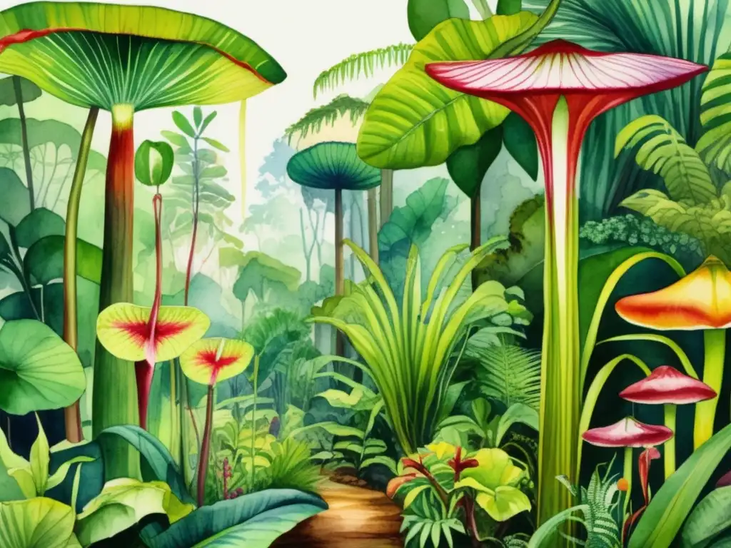 Ilustración acuarela detallada de una exuberante selva tropical