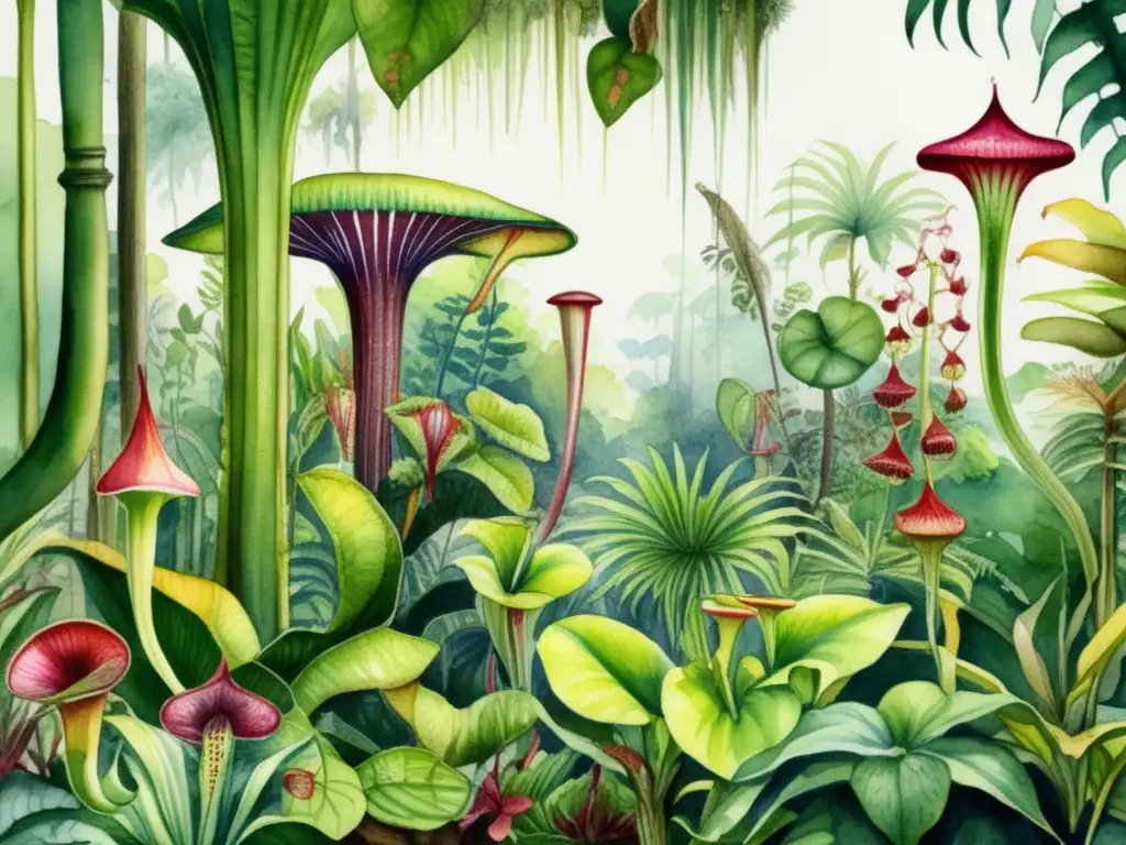 Evolución histórica de plantas carnívoras en una exuberante ilustración detallada de una selva tropical con árboles imponentes y denso follaje