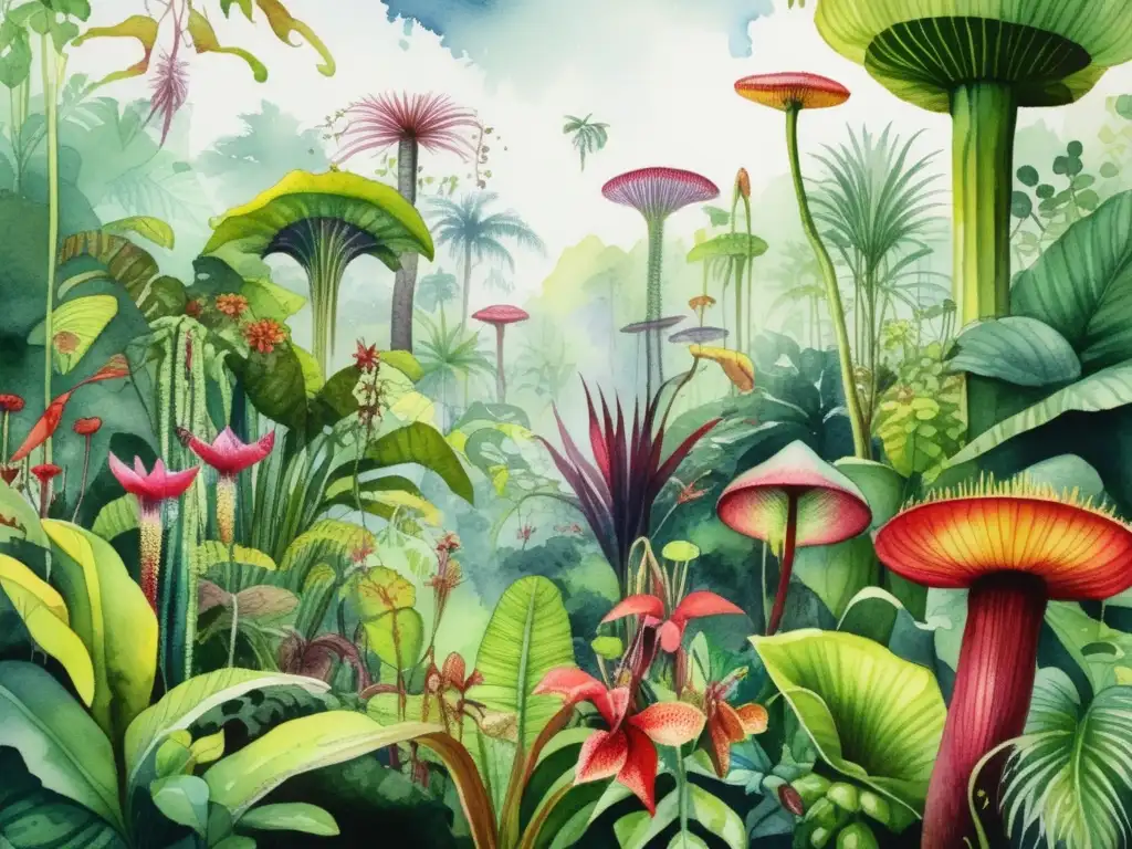 Ilustración acuarela detallada de una exuberante escena de selva tropical
