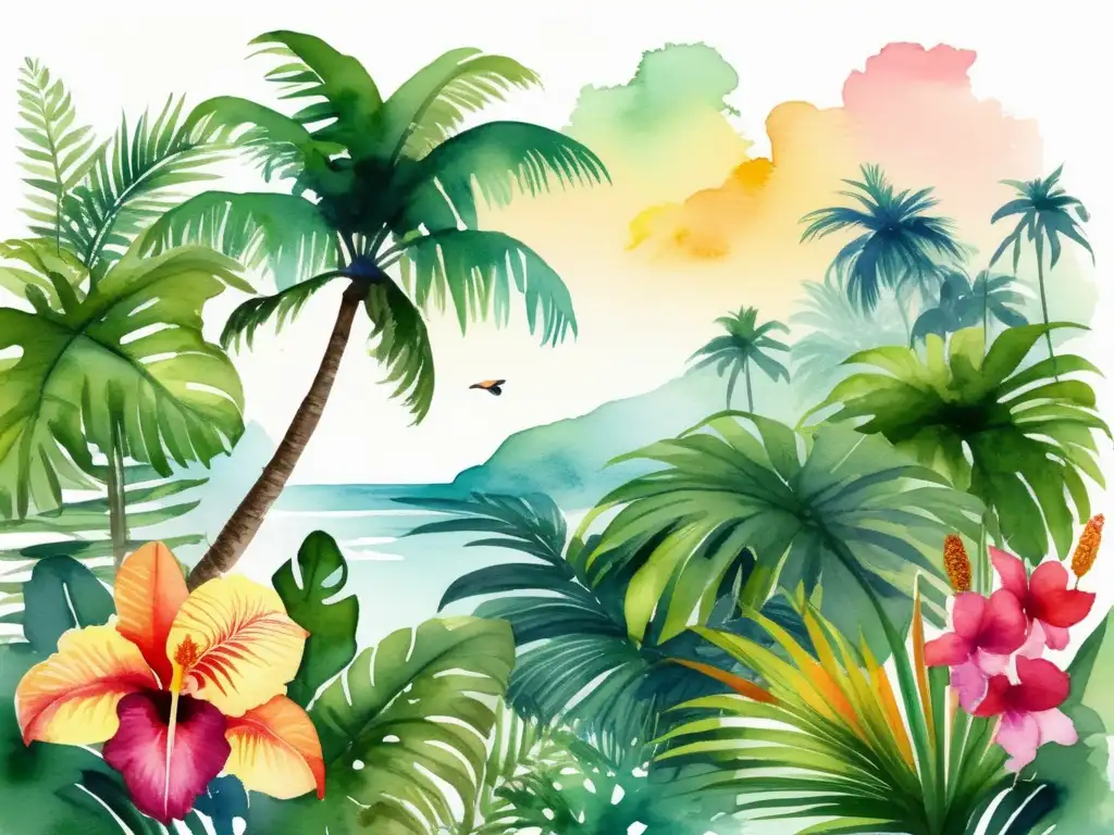 Ilustración acuarela vibrante de paisaje tropical con plantas exóticas y flores vibrantes