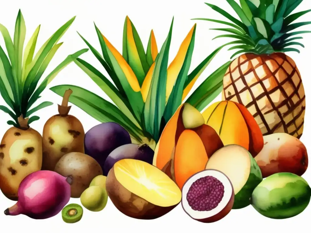 Ilustración acuarela detallada de paisaje tropical con frutas y verduras exuberantes