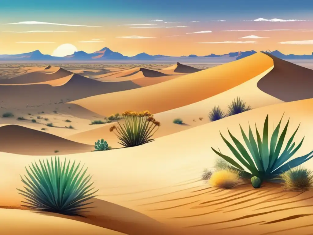 Plantas resistentes desierto Sahara, ilustración acuarela vibrante -