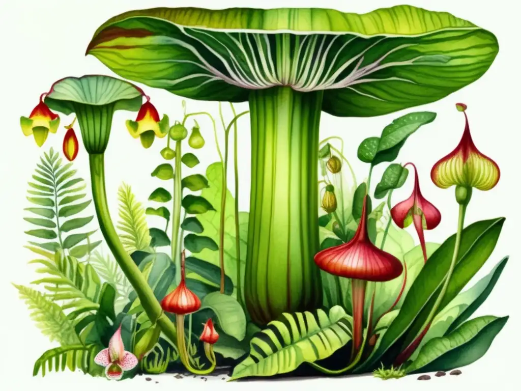 Ilustración detallada de una selva tropical exuberante con plantas carnívoras raras y fascinantes