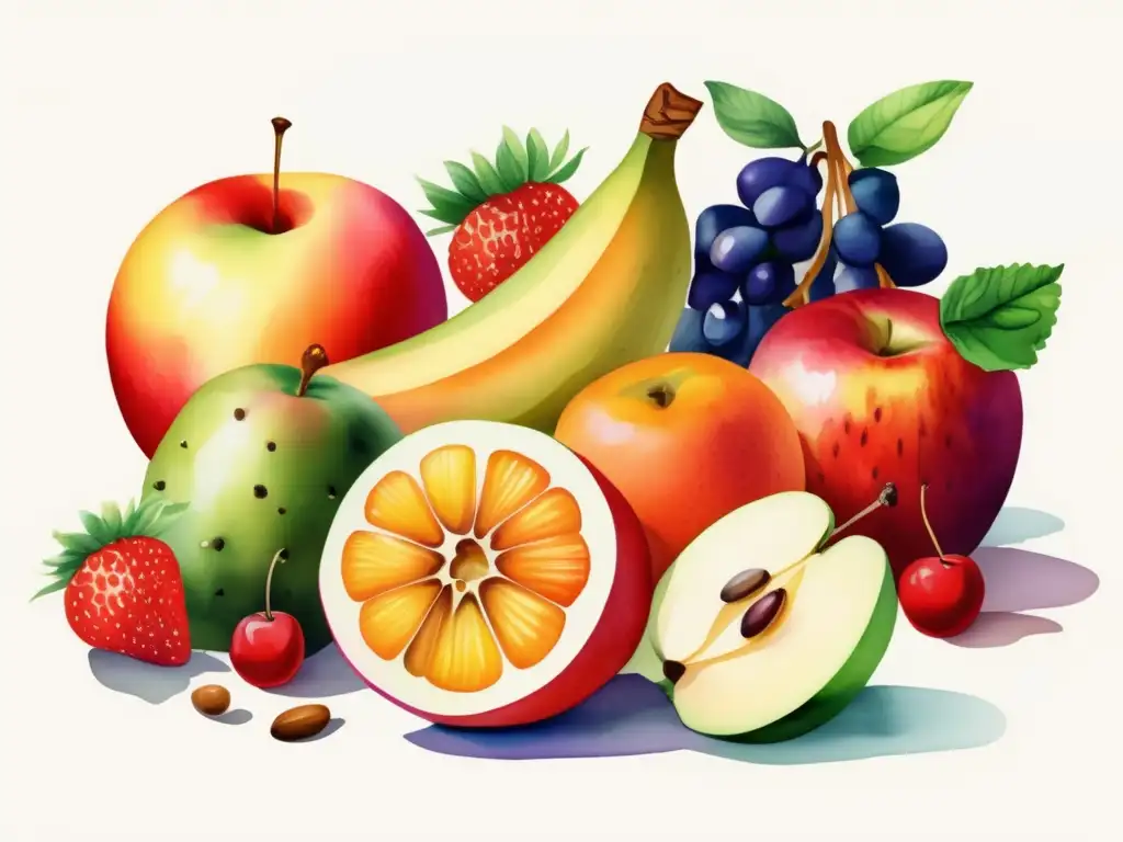 Ilustración de frutas y semillas vibrantes, detalladas y realistas, destacando su diversidad de formas, tamaños y colores