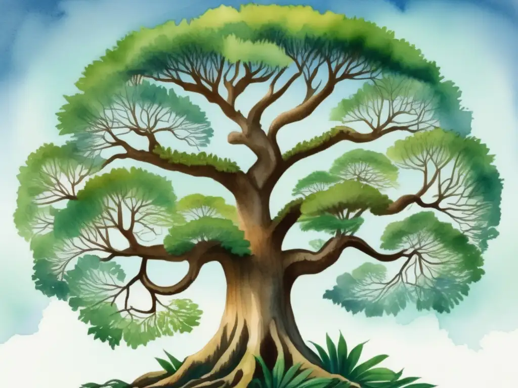 Ilustración detallada de una majestuosa ceiba, símbolo cultural y medicinal en la cultura Maya