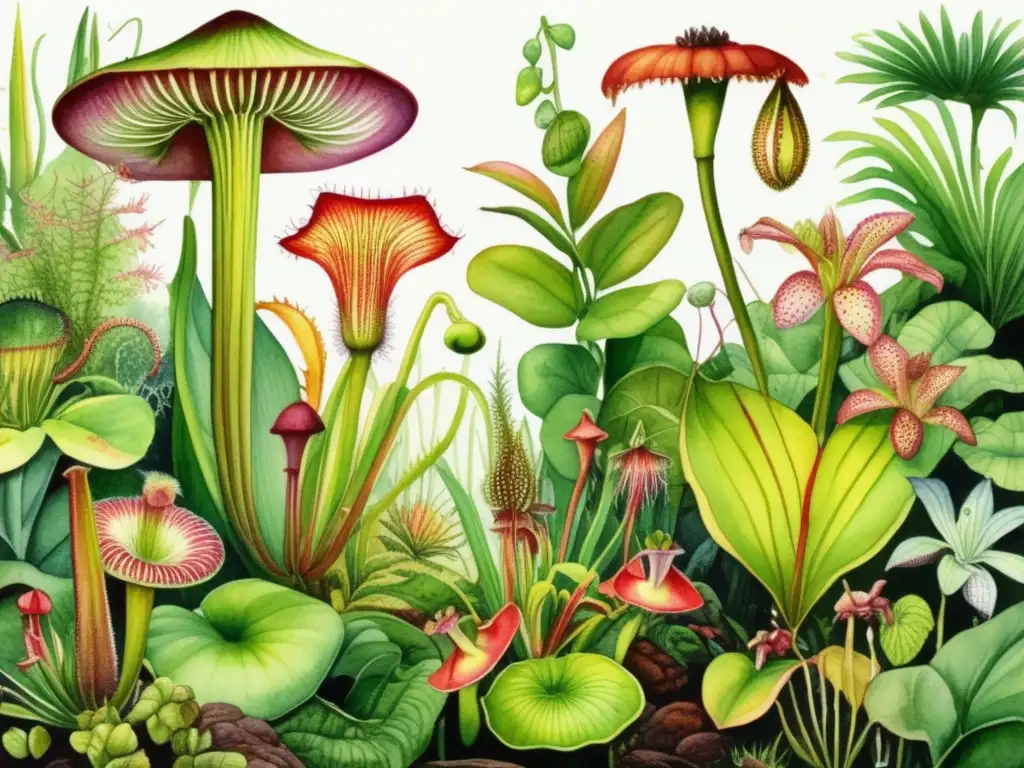 Ilustración acuarela de selva tropical con simbiosis de plantas carnívoras y organismos