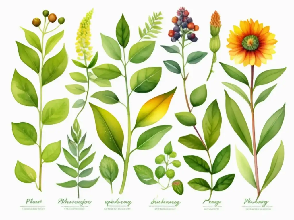 Métodos avanzados estudio fenológico plantas: ilustración acuarela vibrante que muestra diferentes etapas fenológicas y diversidad vegetal