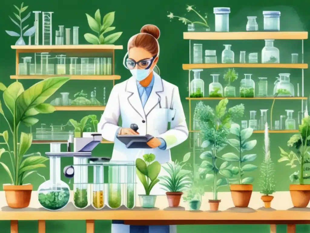 Ingeniería genética en plantas: científico en laboratorio manipulando plantas y herramientas de manipulación genética