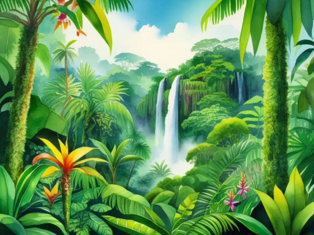 Pintura acuarela de selva tropical con flora en peligro