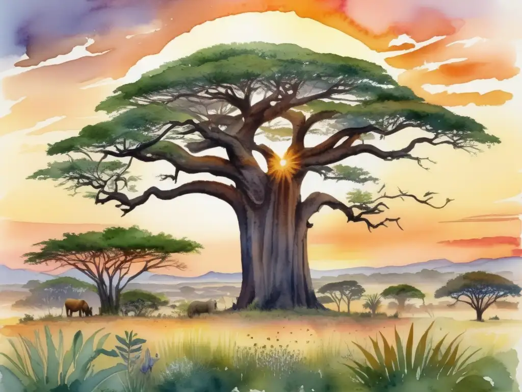 Paisaje africano al atardecer con plantas en peligro de extinción, destacando la majestuosa Adansonia y la vida silvestre