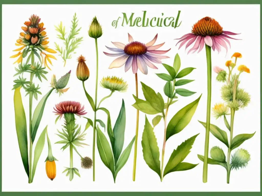 Plantas medicinales para reemplazar antibióticos: Detallada acuarela de plantas medicinales con colores vibrantes, formas únicas y etiquetas educativas