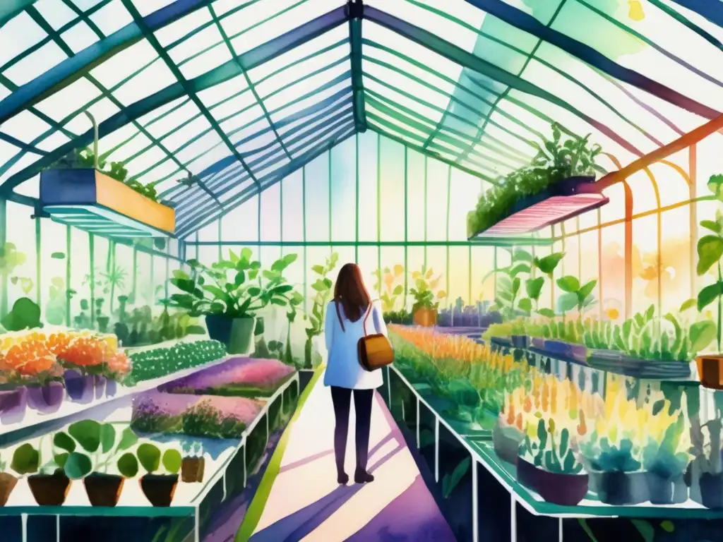 Innovaciones en manipulación genética vegetal: Invernadero futurista con plantas modificadas genéticamente vibrantes y exuberantes