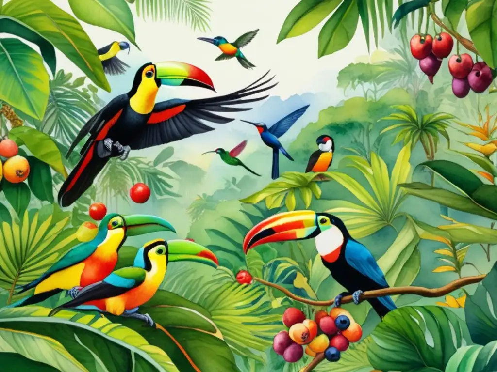 Ilustración detallada de una exuberante selva tropical con aves y frutos coloridos - Importancia de la dispersión de semillas por aves