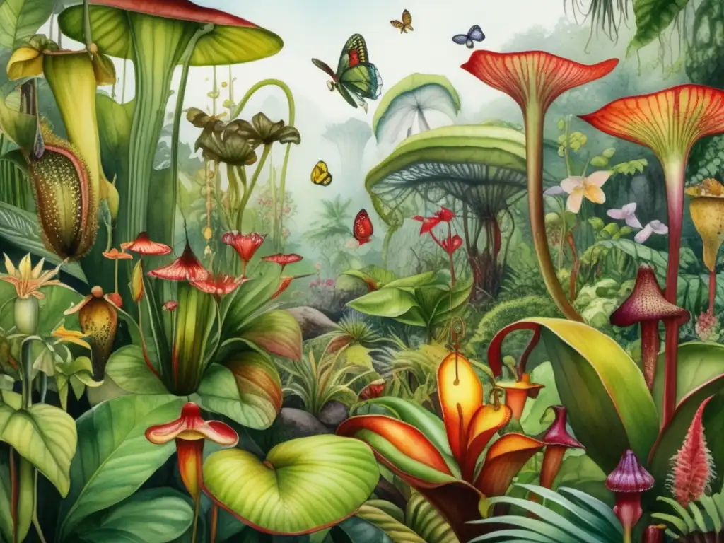 Pintura acuarela 8k: escena selva tropical, plantas carnívoras y su relación con insectos