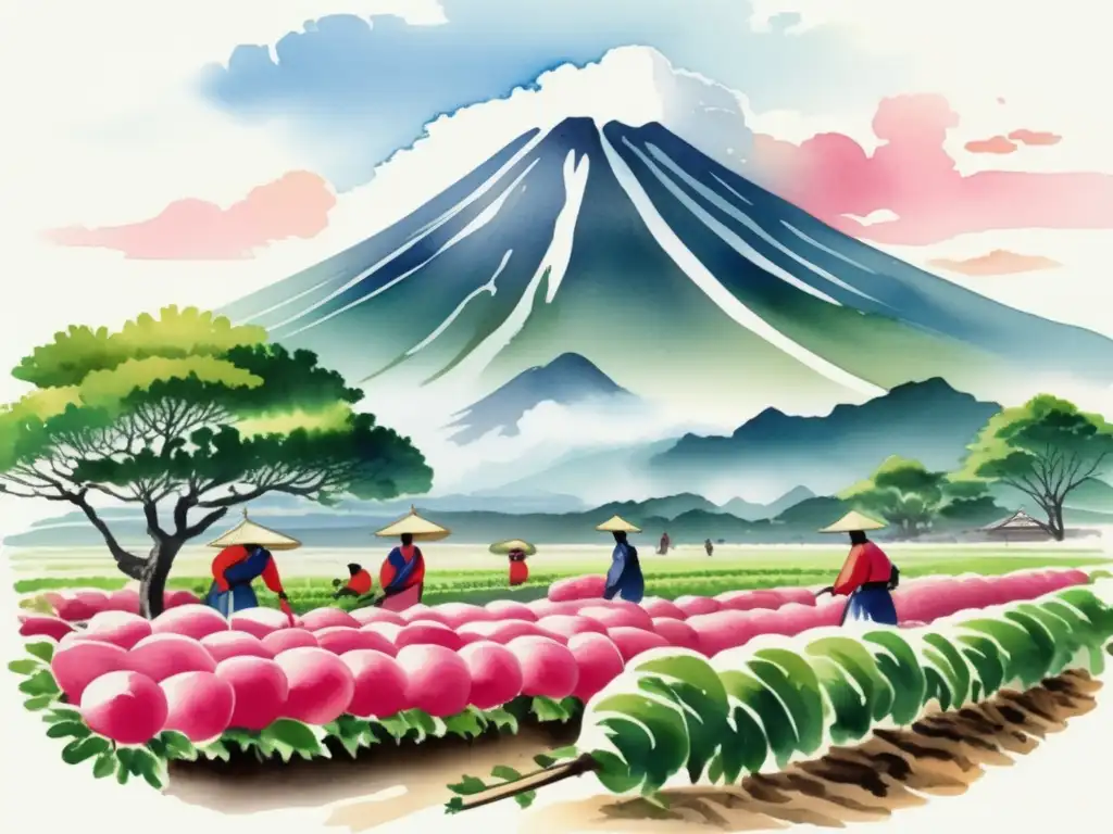 Plantas medicinales japonesas en un paisaje japonés con el Monte Sakurajima y agricultores cosechando rábanos gigantes