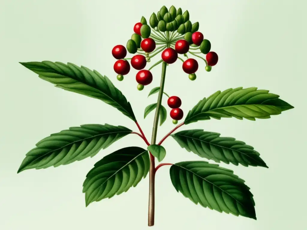 Beneficios del Ginseng coreano para la salud: planta de Ginseng coreano en flor, hojas verdes y bayas rojas vibrantes