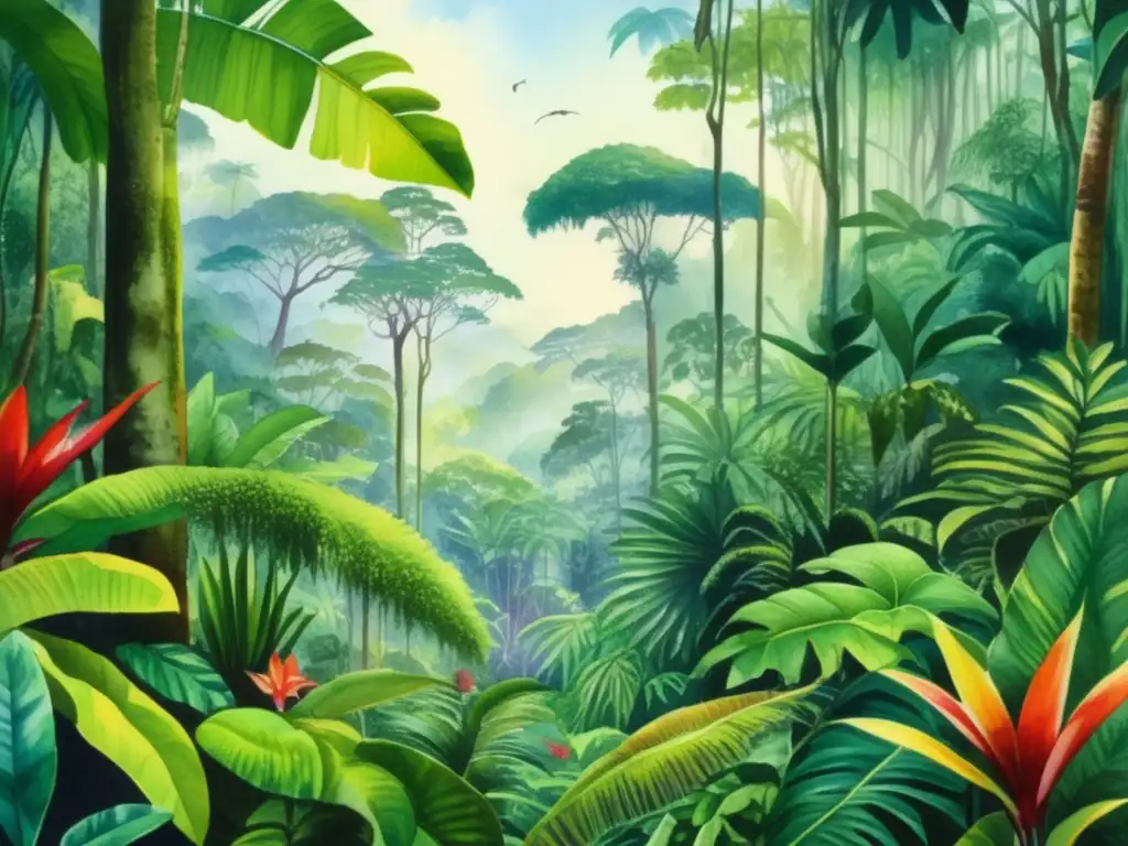 Pintura acuarela detallada de una exuberante selva tropical con plantas medicinales indígenas