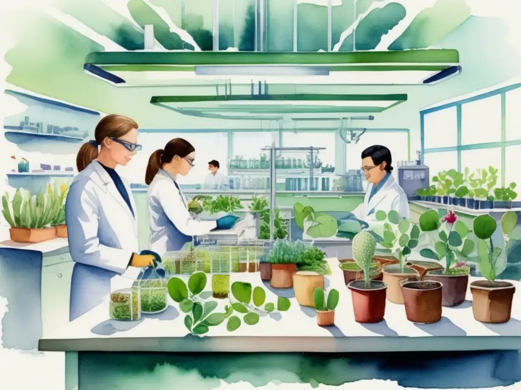 Biotecnología vegetal medicamentos en laboratorio con científicos, plantas y equipo avanzado