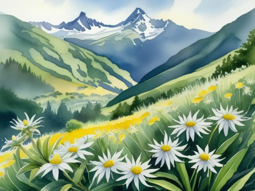 Paisaje montañoso de Indonesia con Edelweiss de Java, rodeado de vegetación exuberante y montañas majestuosas, en técnica acuarela