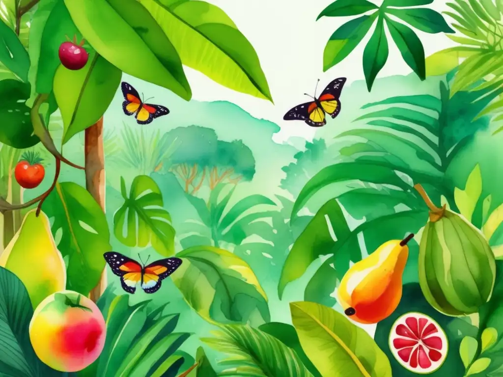 Ilustración acuarela selva tropical llena de ingredientes gastronómicos únicos