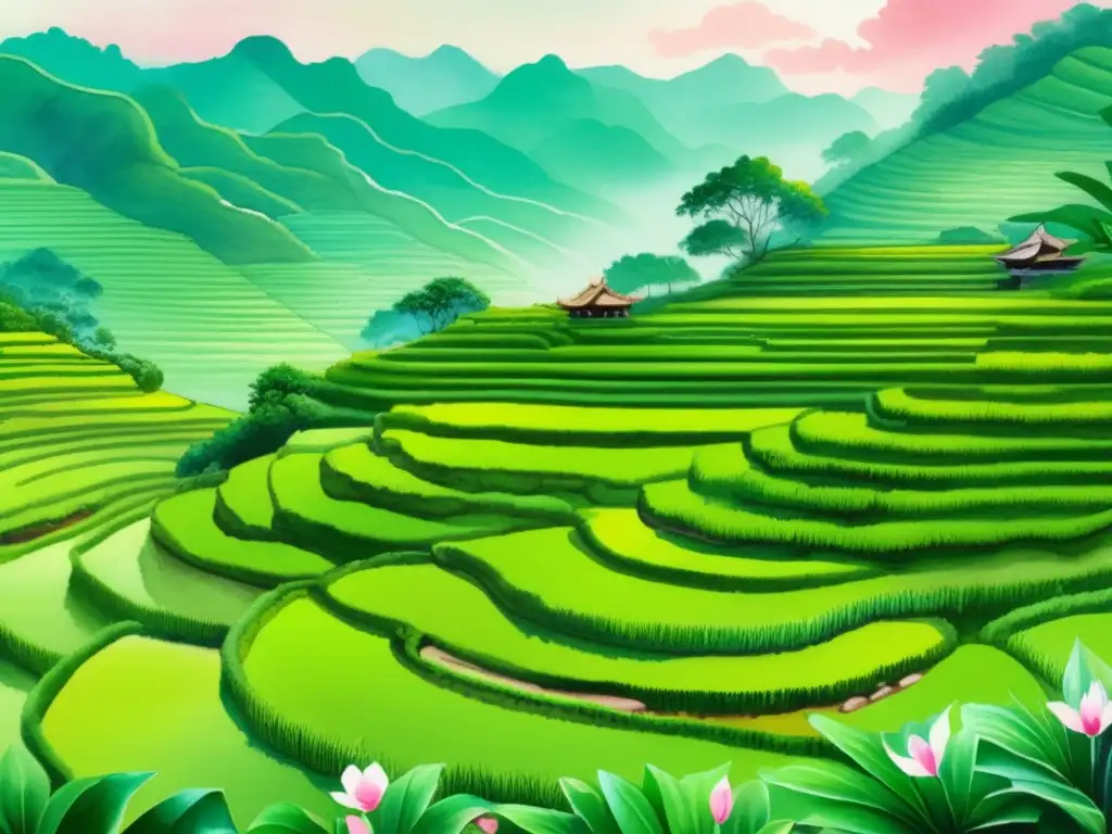 Paisaje vietnamita con terrazas de arroz, lotos, planta de jade y pueblo tradicional