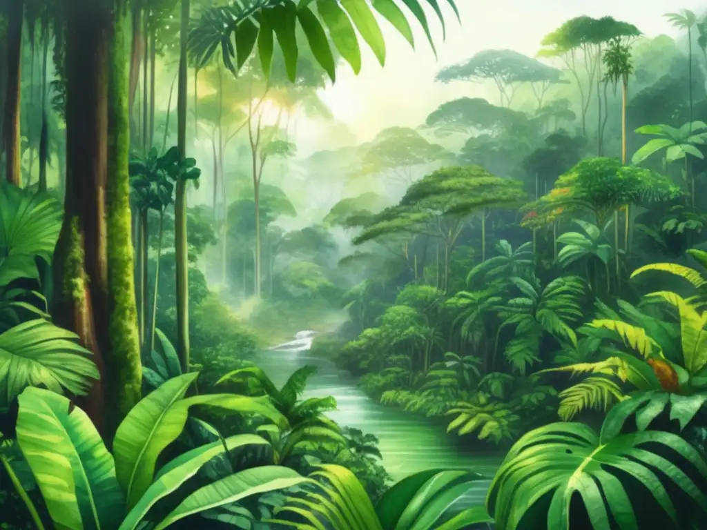 Pintura acuarela 8k del vibrante Amazonas con plantas exóticas del Amazonas en América Latina