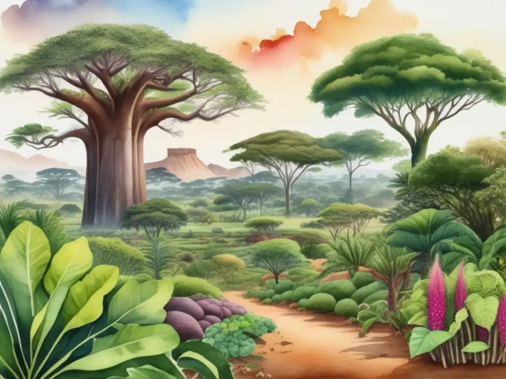 Paisaje africano con plantas medicinales indígenas: amaranth, moringa, jute mallow, baobabs y montañas misteriosas